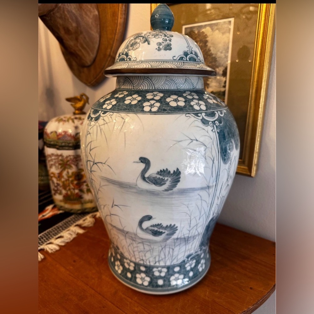 Maitland Smith Teal and White Ceramic Ginger Jar with Lid